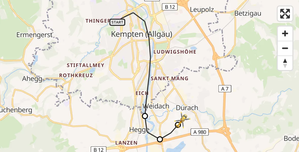 Flugroute Rettungshubschrauber Kempten (Allgäu) - Kempten-Durach Flugplatz, 11 August 2026, 18:09