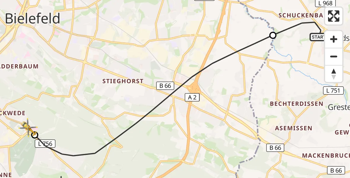 Flugroute Rettungshubschrauber Leopoldshöhe - Luftrettungszentrum Bielefeld, 11 August 2026, 18:12
