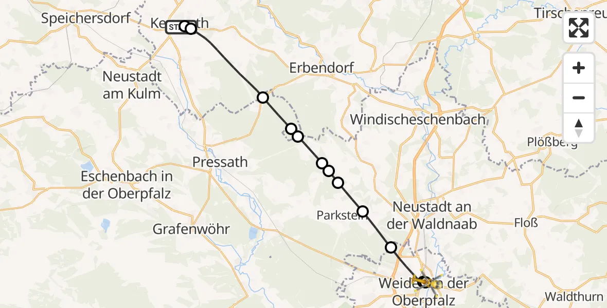 Flugroute Ambulanzhubschrauber Nordoberpfalz Hospital Kemnath - Weiden Hospital, 11 August 2026, 18:23