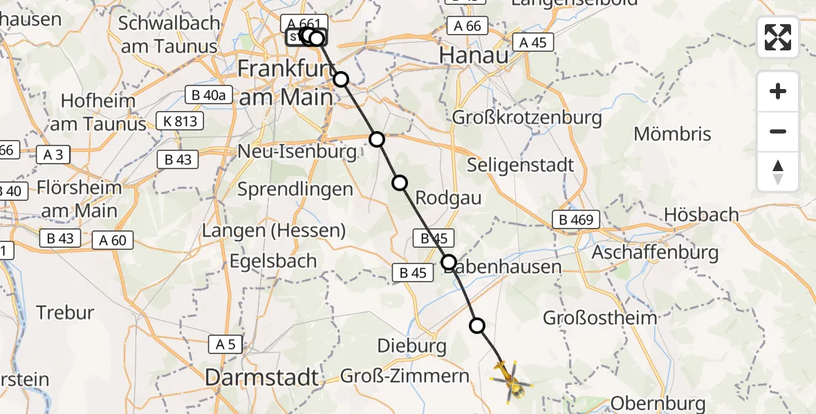 Flugroute Rettungshubschrauber Frankfurt am Main Accident Hospital Roof - Groß-Umstadt, 11 August 2026, 18:24