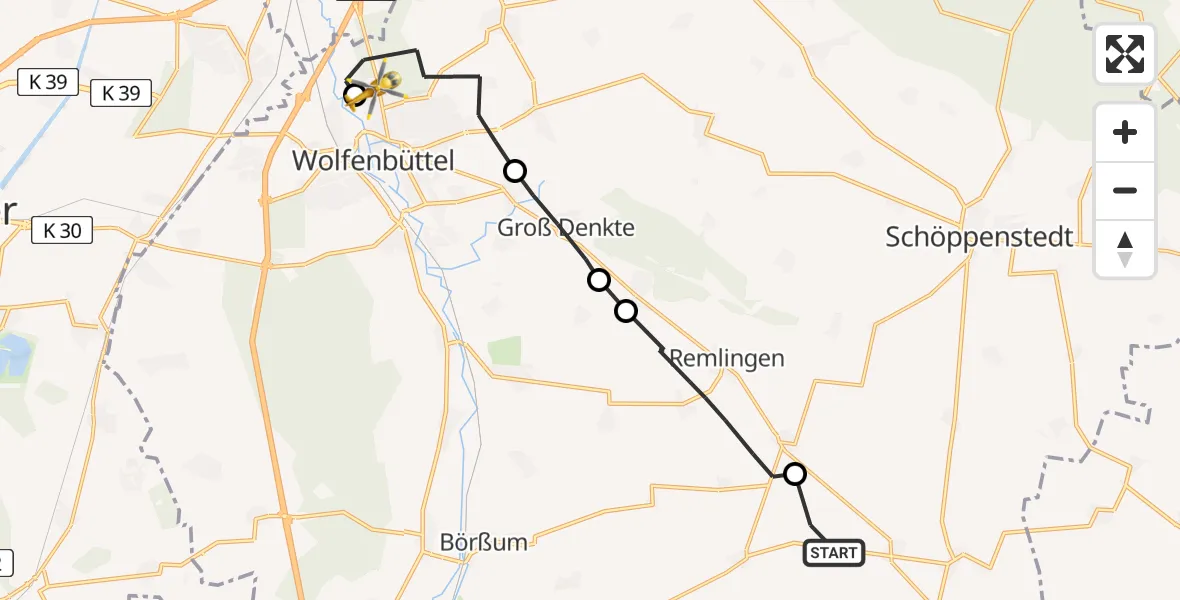 Flugroute Rettungshubschrauber Hedeper - Wolfenbüttel Municipal Hospital Heliport (Christoph 30), 11 August 2026, 18:24