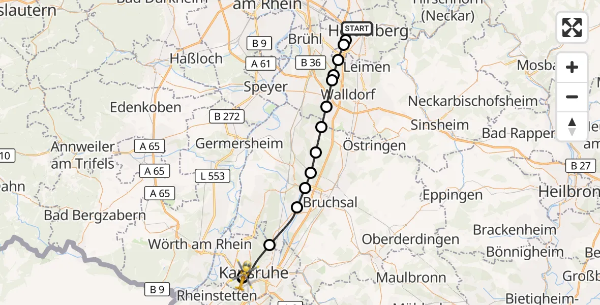 Flugroute Ambulanzhubschrauber Heidelberg - Sankt Vincentius Hospital, 11 August 2026, 18:31