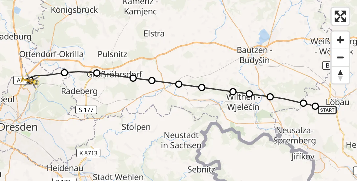 Flugroute Rettungshubschrauber Löbau - Dresden Bundespolizei Hubschrauberlandeplatz, 11 August 2026, 18:32