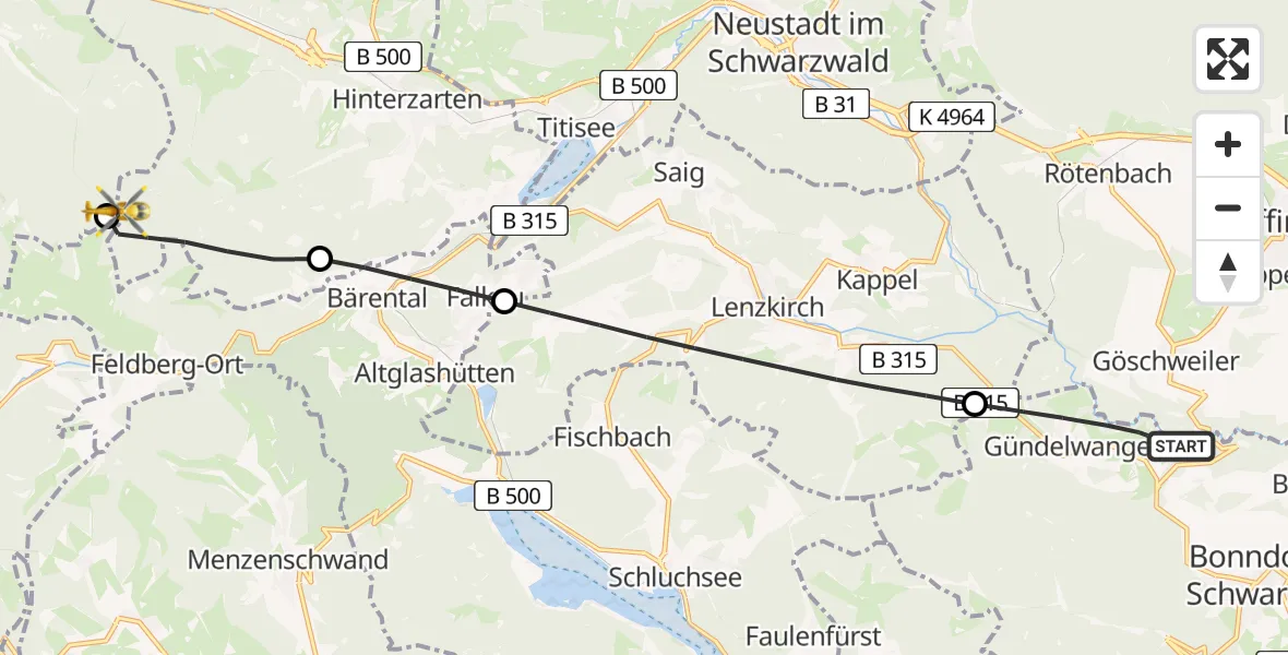 Flugroute Ambulanzhubschrauber Bonndorf im Schwarzwald - Hinterzarten, 11 August 2026, 18:34
