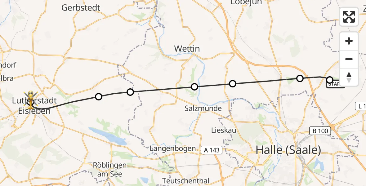 Flugroute Rettungshubschrauber Halle-Oppin Flugplatz - Helios Hospital Lutherstadt Eisleben, 11 August 2026, 18:36