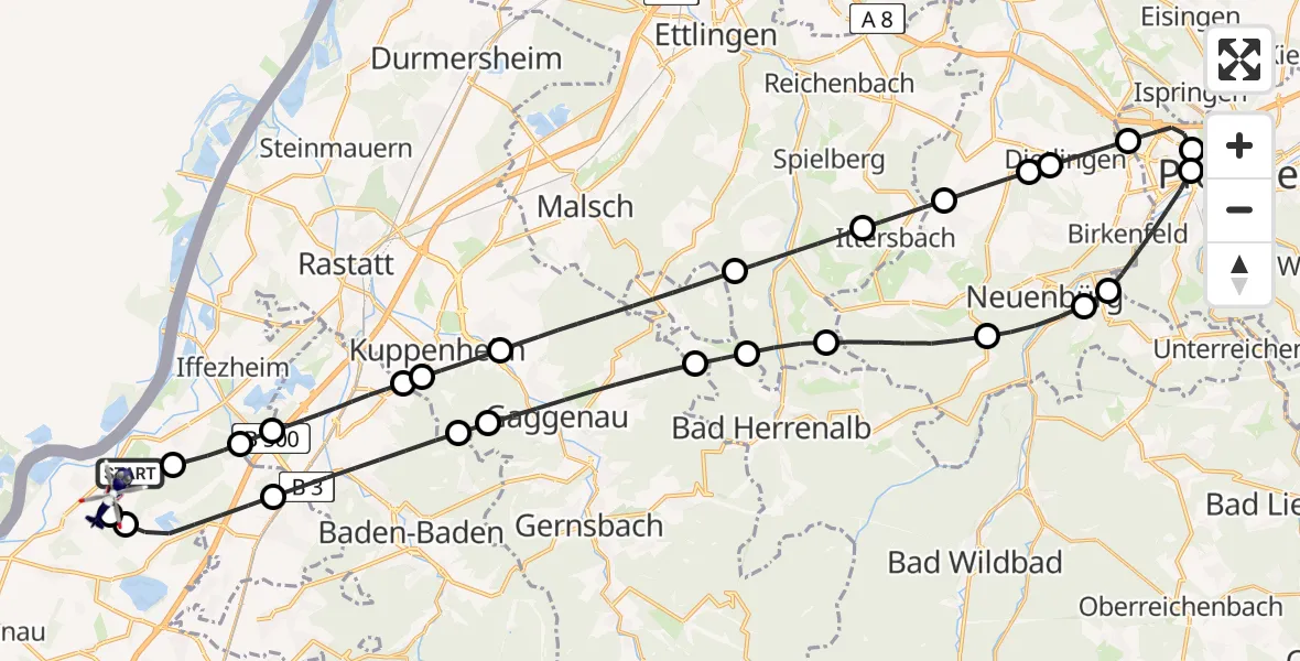 Flugroute Polizeihubschrauber Karlsruhe Baden-Baden Flughafen - Karlsruhe Baden-Baden Flughafen, 11 August 2026, 18:37