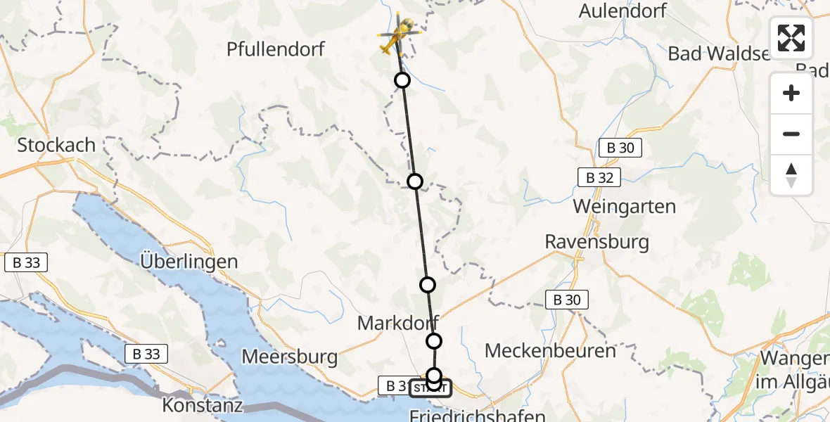 Flugroute Rettungshubschrauber Friedrichshafen Hospital - Ostrach, 11 August 2026, 18:38