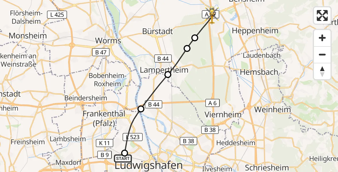 Flugroute Rettungshubschrauber Ludwigshafen Accident Hospital - Lorsch, 11 August 2026, 18:39