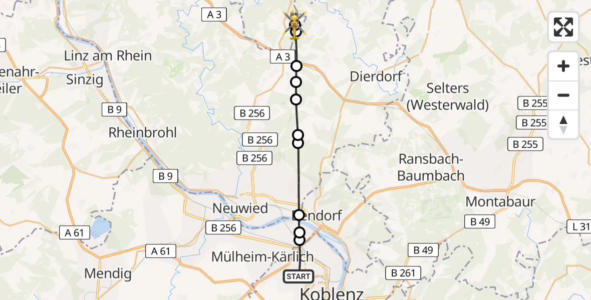 Flugroute Rettungshubschrauber Koblenz - Pleckhausen, 11 August 2026, 18:45