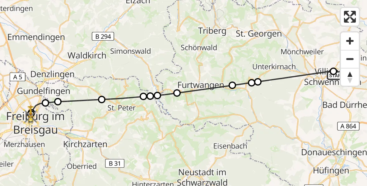 Flugroute Ambulanzhubschrauber DRF Air Rescue Station Villingen-Schwenningen Hubschrauberlandeplatz (Christoph 11) - Freiburg University Hospital Heliport 1, 11 August 2026, 19:03