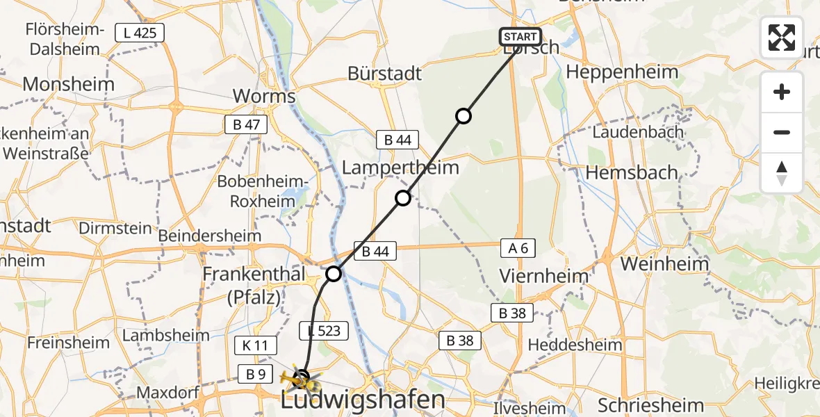 Flugroute Rettungshubschrauber Lorsch - Ludwigshafen Accident Hospital, 11 August 2026, 19:04