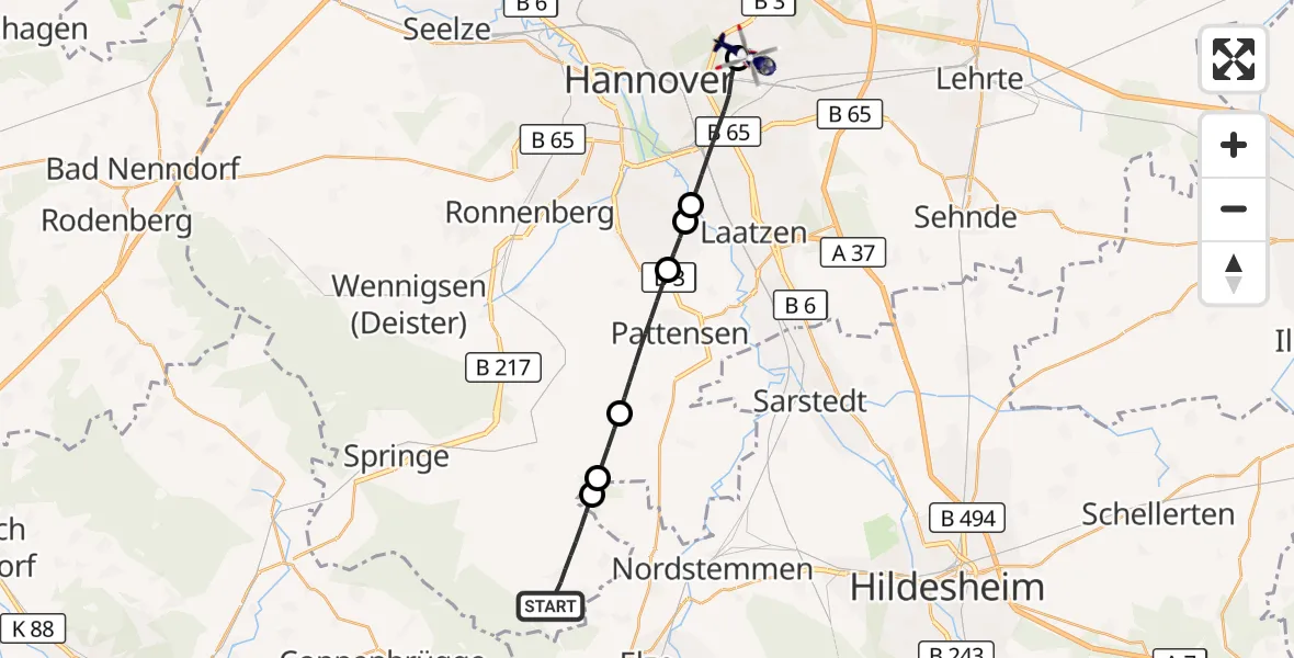 Flugroute Polizeihubschrauber Springe - Hannover Luftrettung Hubschrauberlandeplatz (Christoph 4), 11 August 2026, 19:04