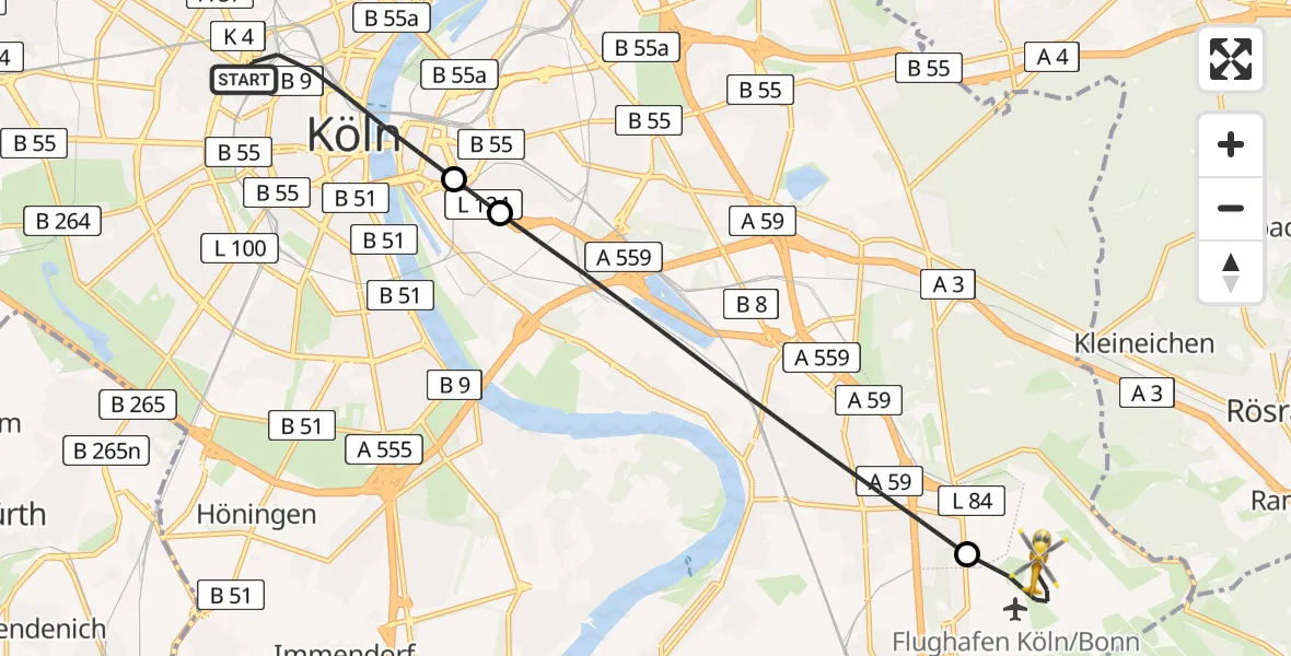Flugroute Rettungshubschrauber Köln - Köln Bonn Flughafen, 11 August 2026, 19:05