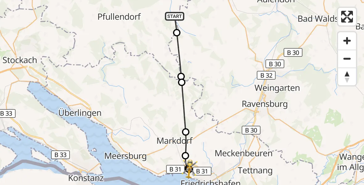 Flugroute Rettungshubschrauber Ostrach - Friedrichshafen Hospital, 11 August 2026, 19:07