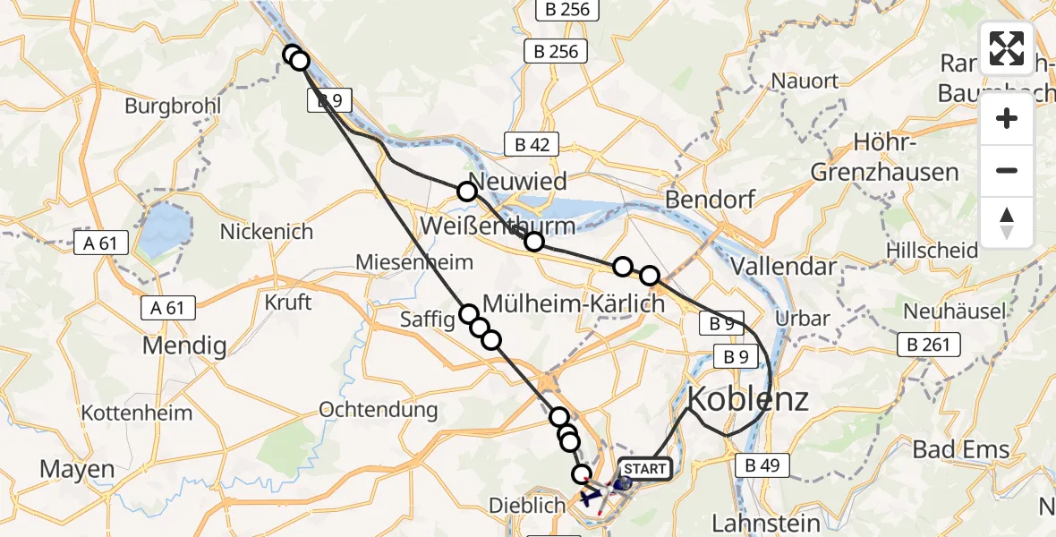 Flugroute Polizeihubschrauber Koblenz - Winningen, 11 August 2026, 19:12