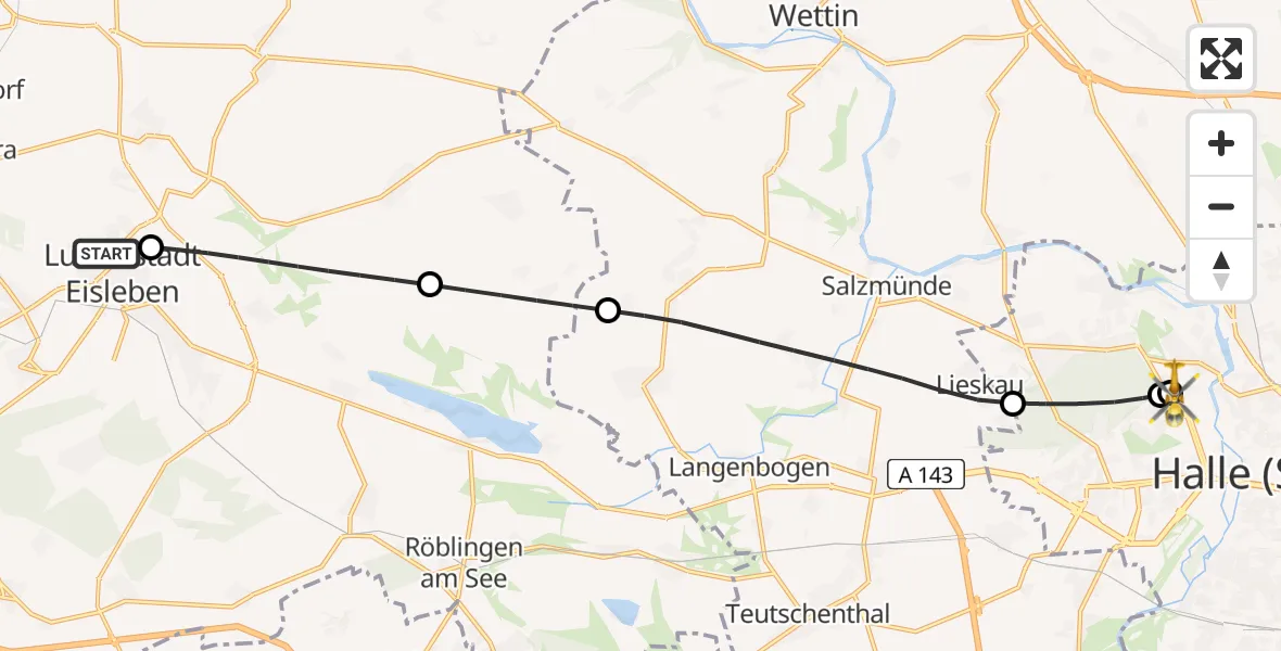 Flugroute Rettungshubschrauber Helios Hospital Lutherstadt Eisleben - Halle (Saale) University Hospital, 11 August 2026, 19:12