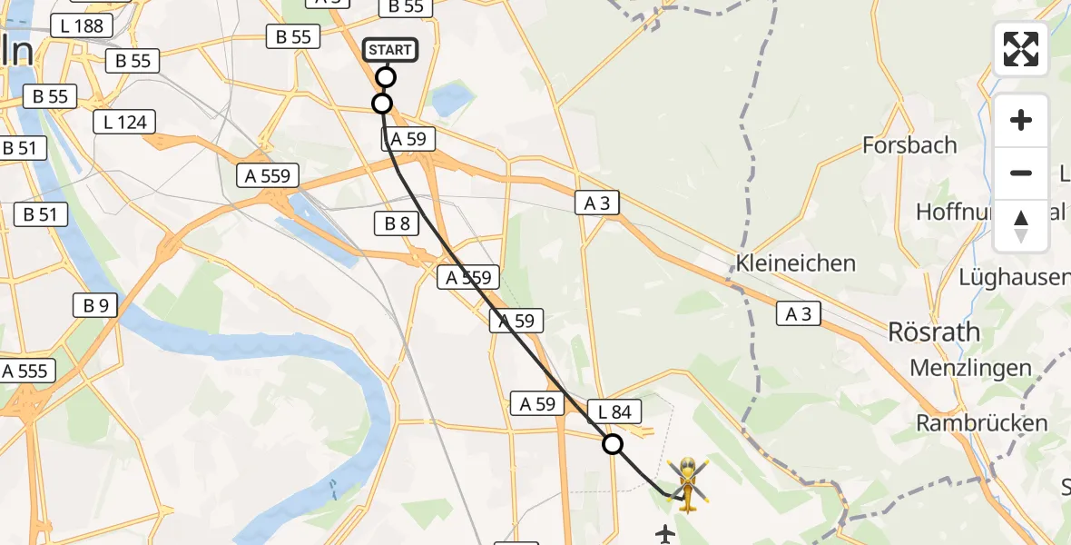 Flugroute Ambulanzhubschrauber Merheim Hospital - Köln Bonn Flughafen, 11 August 2026, 19:16