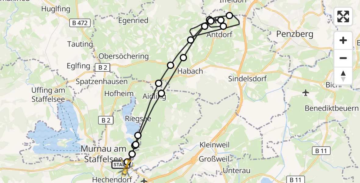 Flugroute Rettungshubschrauber Murnau Accident Hospital - Murnau a.Staffelsee, 11 August 2026, 19:20