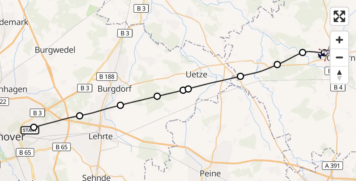 Flugroute Polizeihubschrauber Hannover Luftrettung Hubschrauberlandeplatz (Christoph 4) - Gifhorn Bundespolizei Hubschrauberlandeplatz, 11 August 2026, 19:22