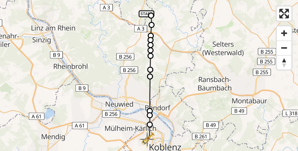 Flugroute Rettungshubschrauber Pleckhausen - Koblenz, 11 August 2026, 19:28