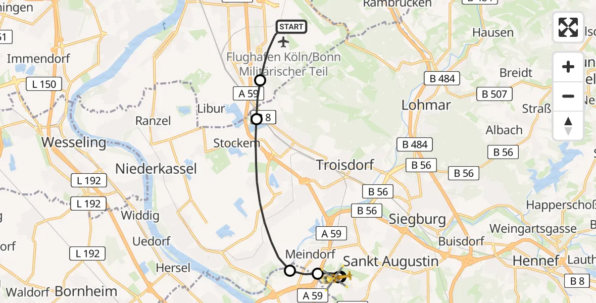 Flugroute Rettungshubschrauber Köln Bonn Flughafen - Sankt Augustin, 11 August 2026, 19:30