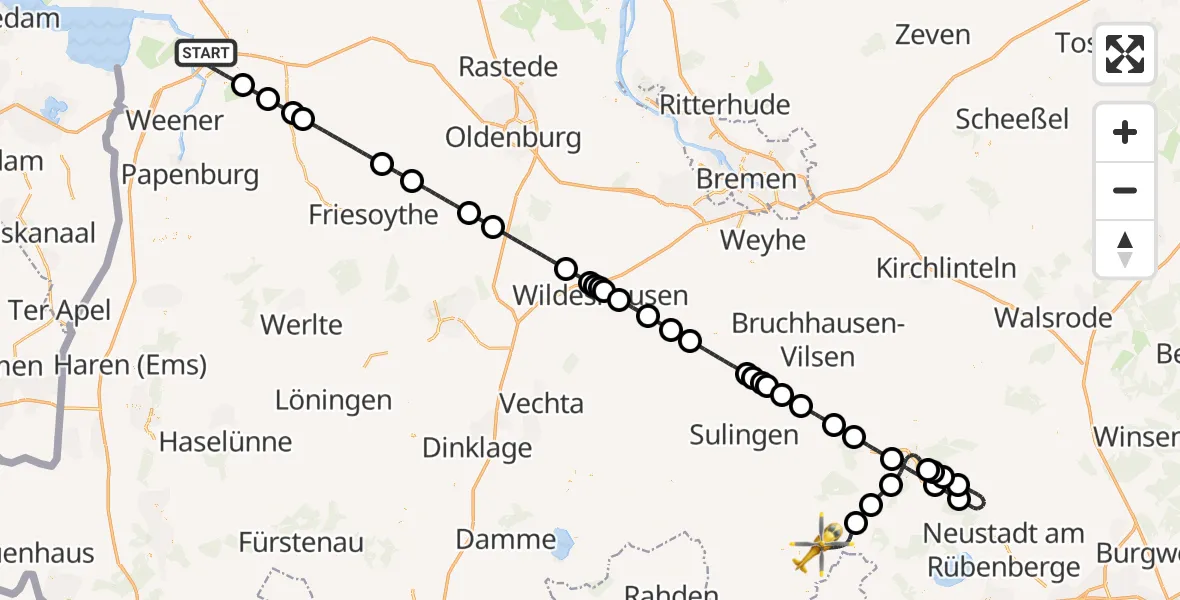 Flugroute Rettungshubschrauber Leer (Ostfriesland) - Stolzenau, 11 August 2026, 19:50