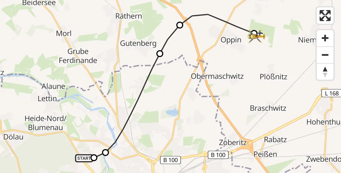 Flugroute Rettungshubschrauber Halle (Saale) University Hospital - Halle-Oppin Flugplatz, 11 August 2026, 19:58