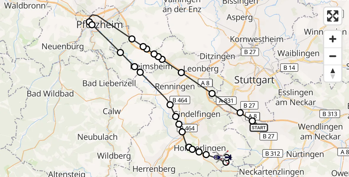 Flugroute Polizeihubschrauber Flughafen Stuttgart - Weil im Schönbuch, 11 August 2026, 20:18