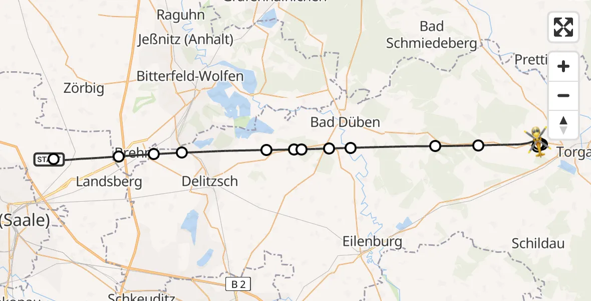 Flugroute Rettungshubschrauber Halle-Oppin Flugplatz - Dreiheide, 11 August 2026, 20:26