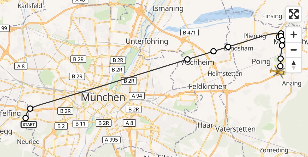 Flugroute Rettungshubschrauber DRF Air Rescue München Hubschrauberlandeplatz - Anzing, 11 August 2026, 21:13