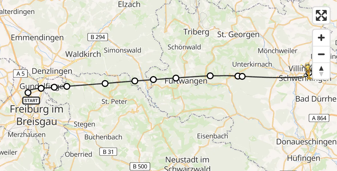 Flugroute Ambulanzhubschrauber Freiburg im Breisgau Flugplatz - DRF Air Rescue Station Villingen-Schwenningen Hubschrauberlandeplatz (Christoph 11), 11 August 2026, 21:14