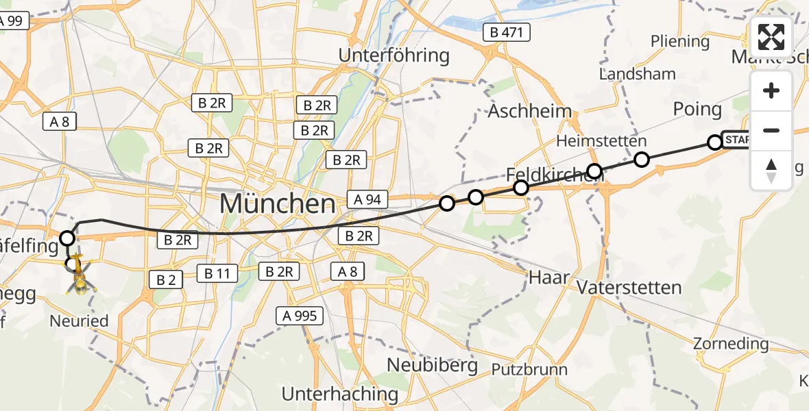 Flugroute Rettungshubschrauber Anzing - DRF Air Rescue München Hubschrauberlandeplatz, 11 August 2026, 21:37