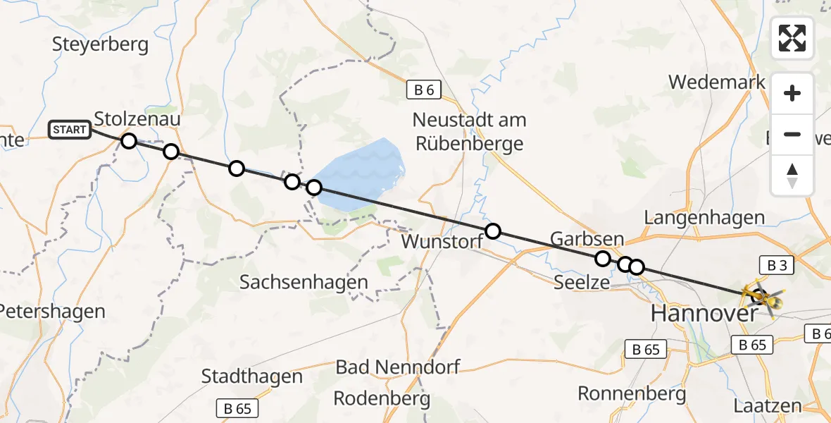 Flugroute Rettungshubschrauber Stolzenau - Hannover Luftrettung Hubschrauberlandeplatz (Christoph 4), 11 August 2026, 21:42
