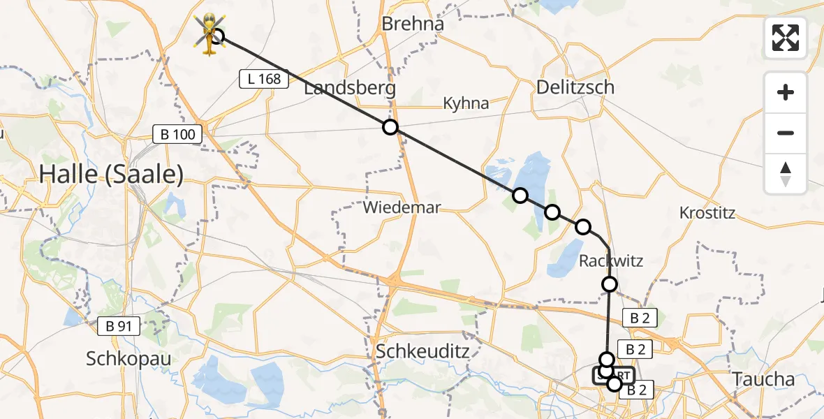 Flugroute Rettungshubschrauber Sankt Georg Hospital Leipzig Reserve - Halle-Oppin Flugplatz, 11 August 2026, 21:59
