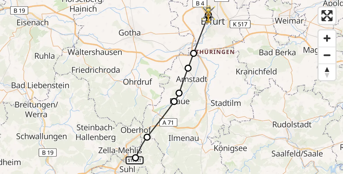 Flugroute Ambulanzhubschrauber Suhl-Goldlauter Flugplatz - Helios Clinic Erfurt, 11 August 2026, 22:15