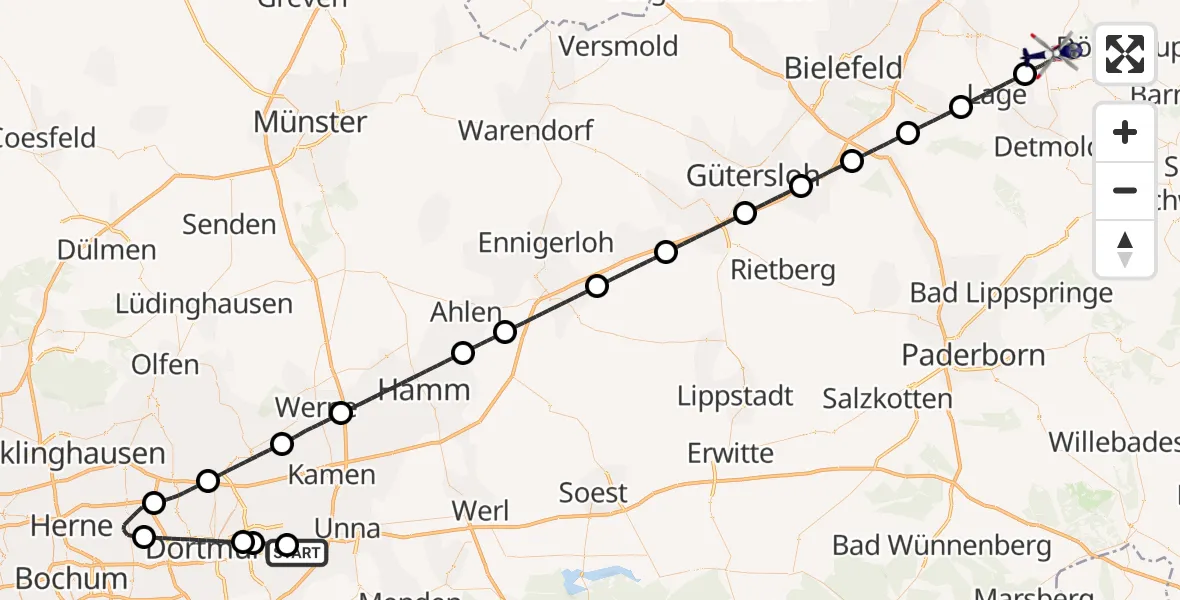Flugroute Polizeihubschrauber Dortmund Flughafen - Lemgo, 11 August 2026, 22:33