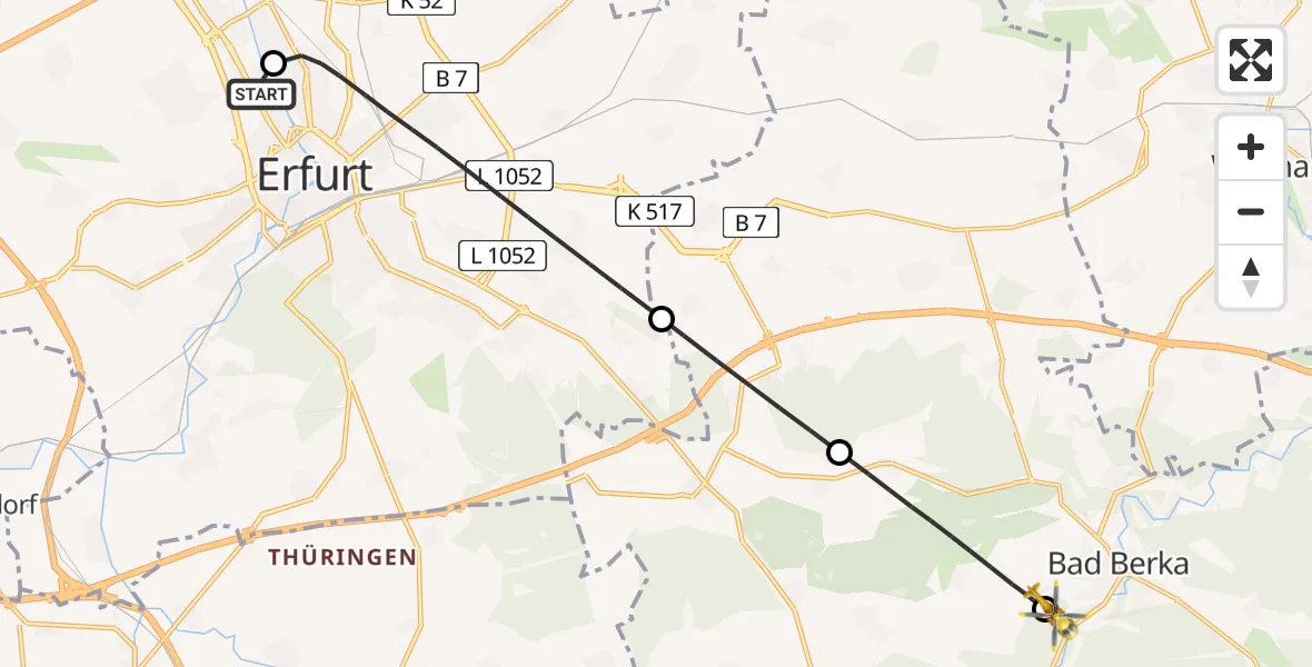 Flugroute Ambulanzhubschrauber Helios Clinic Erfurt - DRF Rettungsstation Bad Berka Hubschrauberlandeplatz, 11 August 2026, 23:04