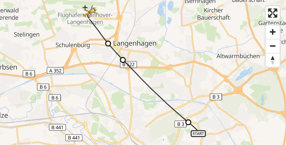 Flugroute Rettungshubschrauber Hannover Luftrettung Hubschrauberlandeplatz (Christoph 4) - Flughafen Hannover, 11 August 2026, 23:12