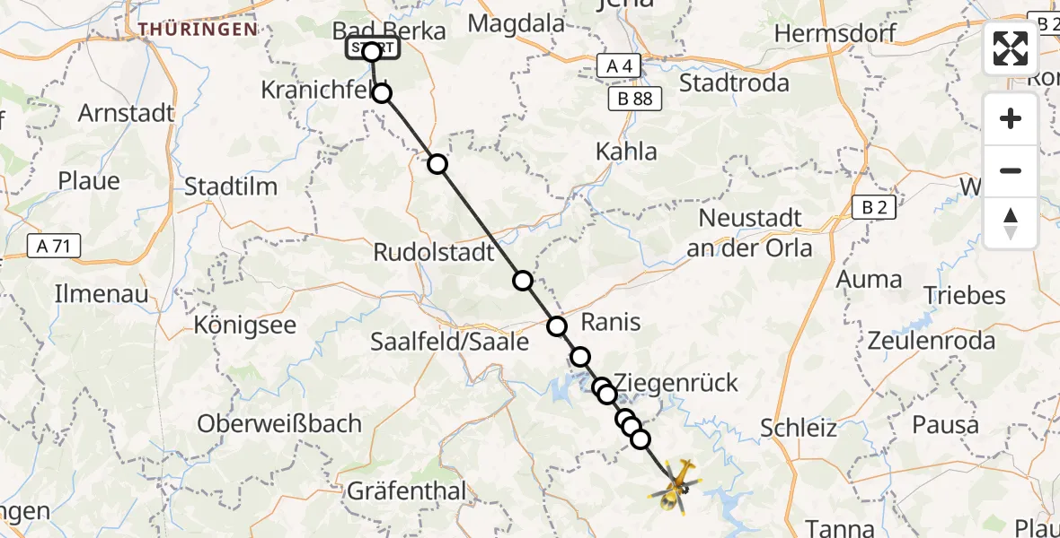 Flugroute Ambulanzhubschrauber Bad Berka Central Hospital - Remptendorf, 11 August 2026, 23:29
