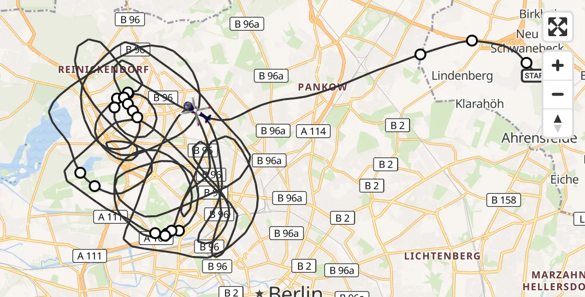 Flugroute Polizeihubschrauber Ahrensfelde Hubschrauberlandeplatz - Berlin, 11 August 2026, 23:57