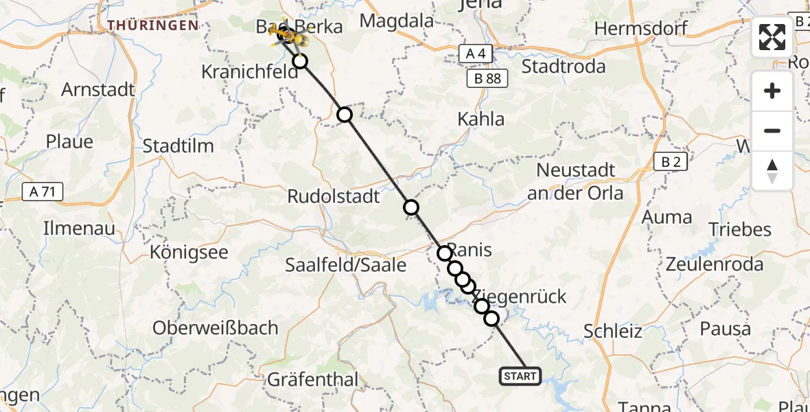 Flugroute Ambulanzhubschrauber Remptendorf - Bad Berka Central Hospital, 12 August 2026, 00:10