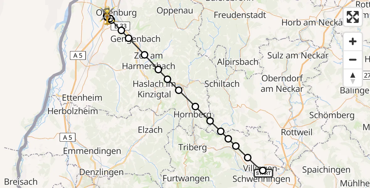 Flugroute Ambulanzhubschrauber DRF Air Rescue Station Villingen-Schwenningen Hubschrauberlandeplatz (Christoph 11) - Offenburg, 12 August 2026, 00:10