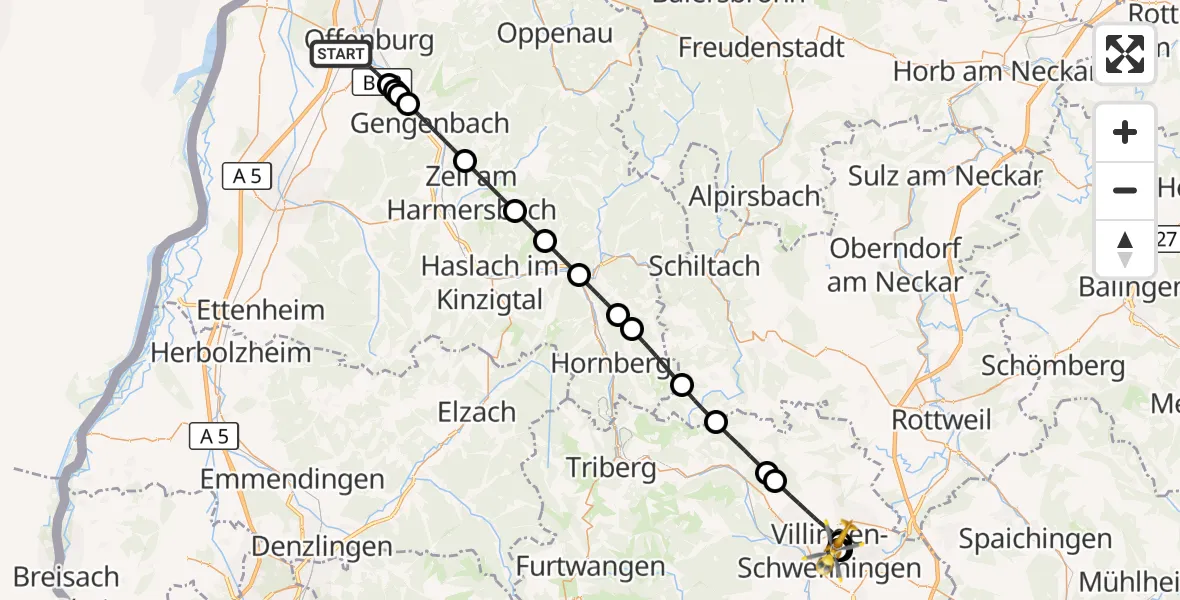 Flugroute Ambulanzhubschrauber Offenburg - DRF Air Rescue Station Villingen-Schwenningen Hubschrauberlandeplatz (Christoph 11), 12 August 2026, 00:37