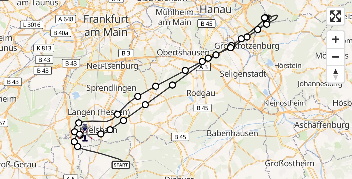 Flugroute Polizeihubschrauber Darmstadt - Flughafen Frankfurt-Egelsbach, 12 August 2026, 01:21
