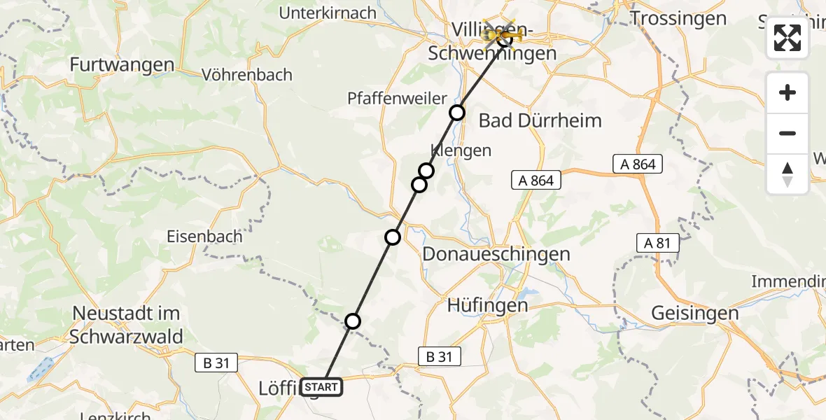 Flugroute Ambulanzhubschrauber Löffingen - DRF Air Rescue Station Villingen-Schwenningen Hubschrauberlandeplatz (Christoph 11), 12 August 2026, 02:33