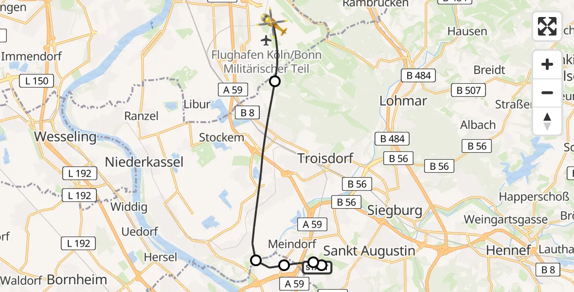 Flugroute Rettungshubschrauber Sankt Augustin - Köln Bonn Flughafen, 12 August 2026, 04:40
