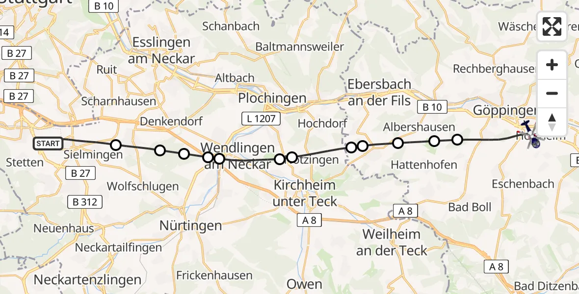 Flugroute Polizeihubschrauber Flughafen Stuttgart - Göppingen, 12 August 2026, 04:59