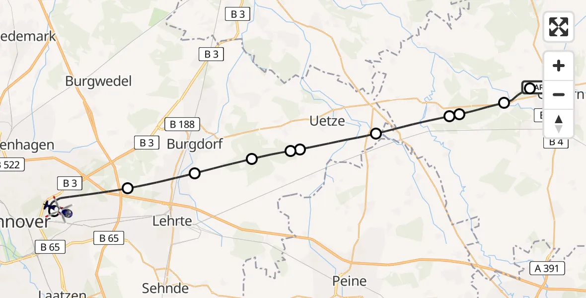 Flugroute Polizeihubschrauber Gifhorn Bundespolizei Hubschrauberlandeplatz - Hannover Luftrettung Hubschrauberlandeplatz (Christoph 4), 12 August 2026, 05:03