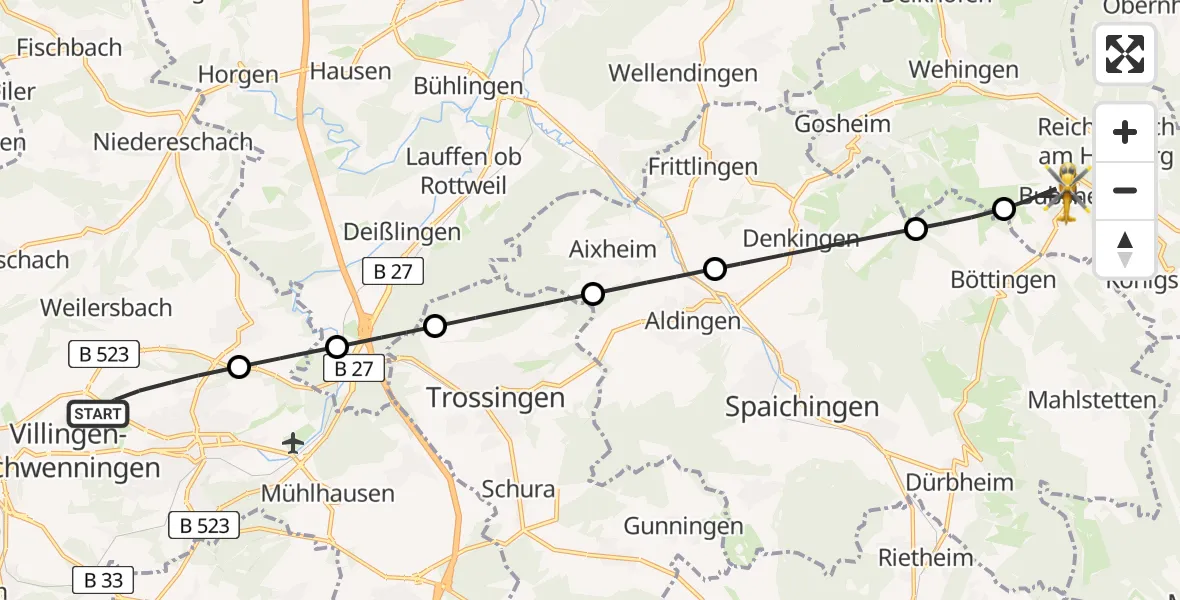 Flugroute Ambulanzhubschrauber Villingen-Schwenningen - Bubsheim, 12 August 2026, 05:07
