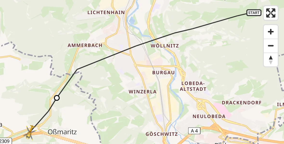 Flugroute Rettungshubschrauber Jena - Bucha, 12 August 2026, 05:07
